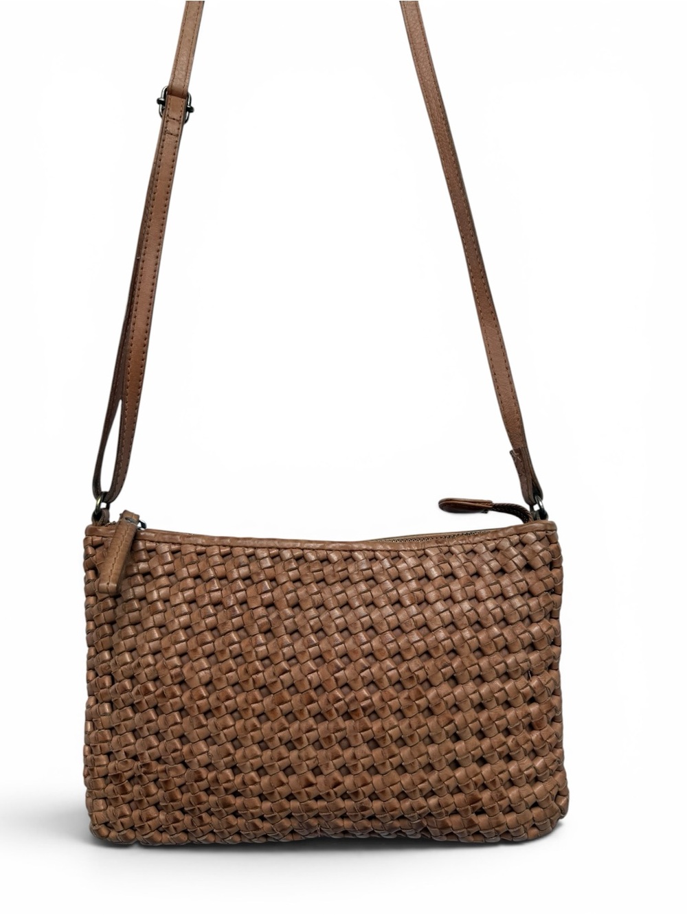 Woven Leather Crossbody Bag Tan Cognac Boho Minimalist Organizer